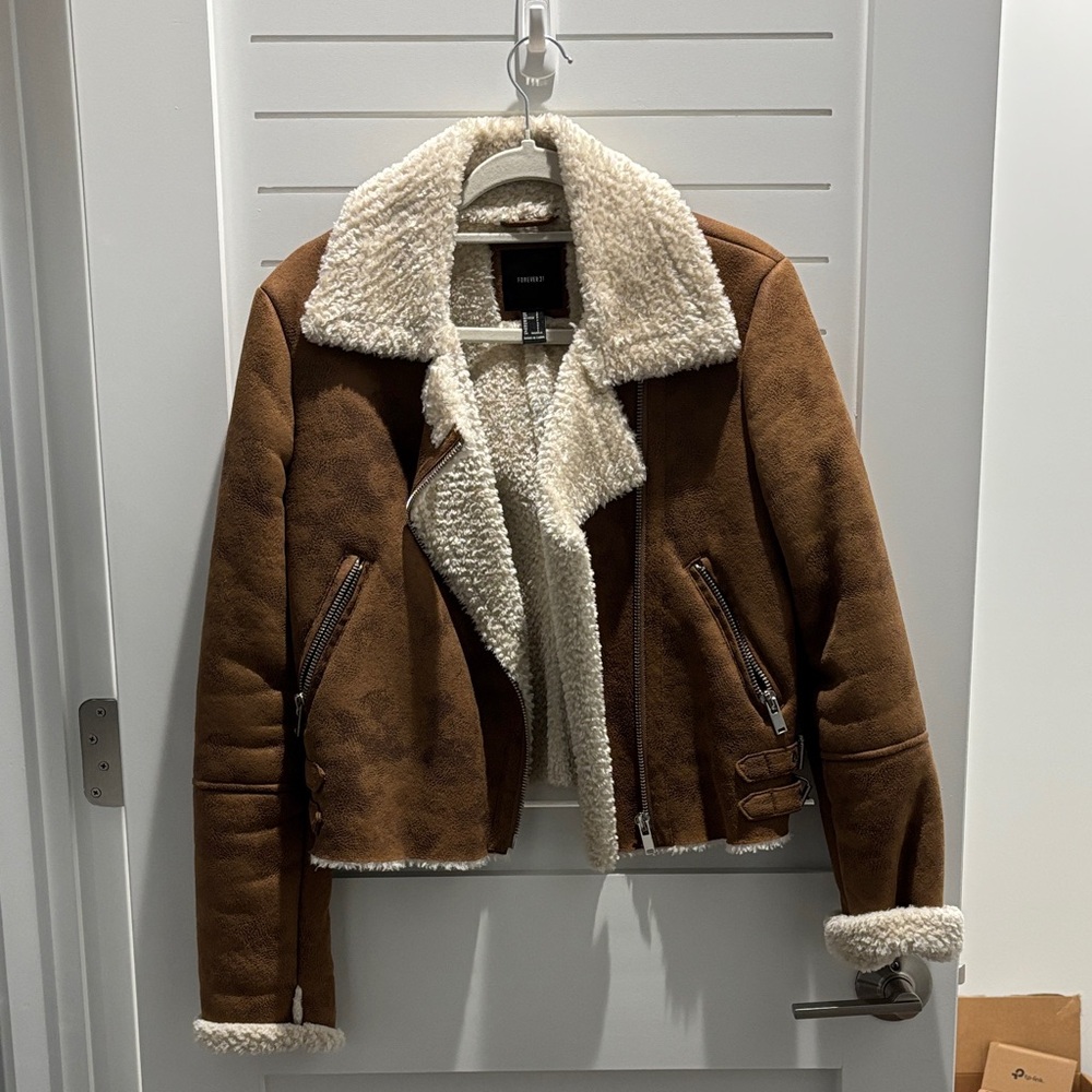 Forever 21 Brown Teddy Jacket with Cream Accents